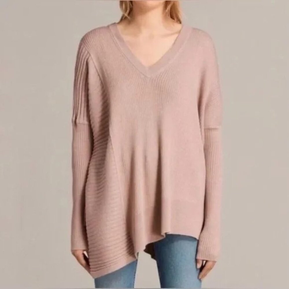 All Saints Keld Olivo V Neck Sweater in Pink